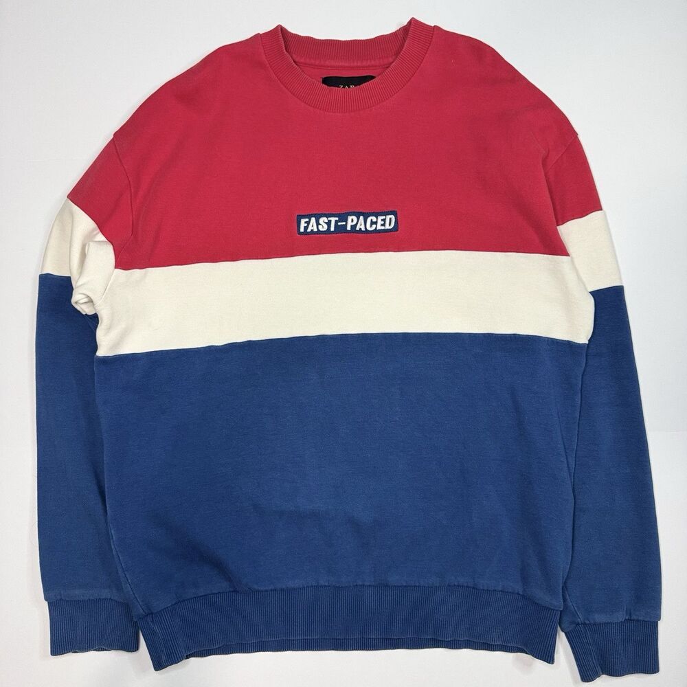 Zara Men’s Fast Paced Color Block Sweater Red/White/Blue Pullover Size L
